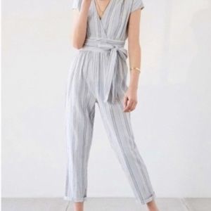 UO Ecoté Blue Yarn Dye Stripe Wrap Plunge Jumpsuit